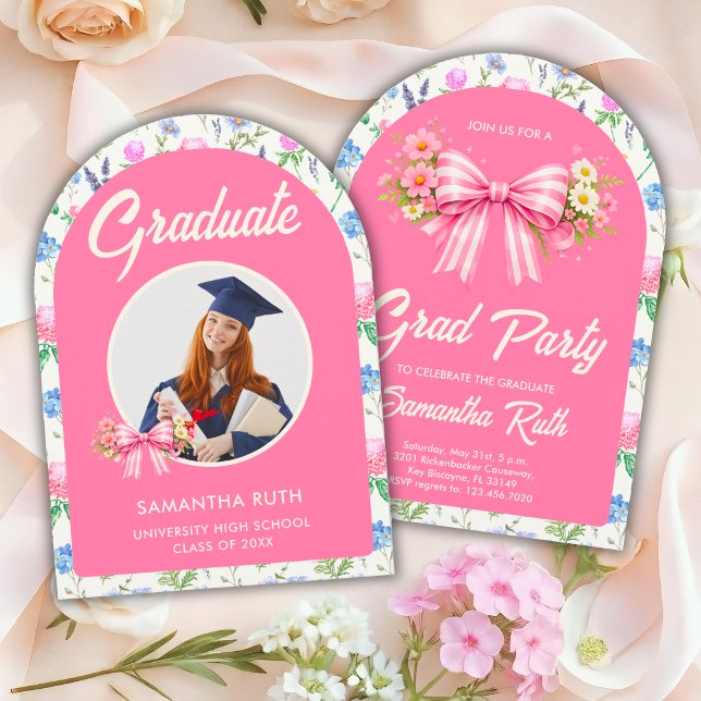 Convite Pink Wildflower Bow Photo Graduation Party (Criador carregado)