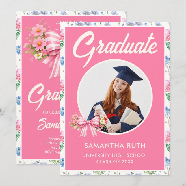Convite Pink Wildflower Bow Photo Graduation Party (Frente/Verso)