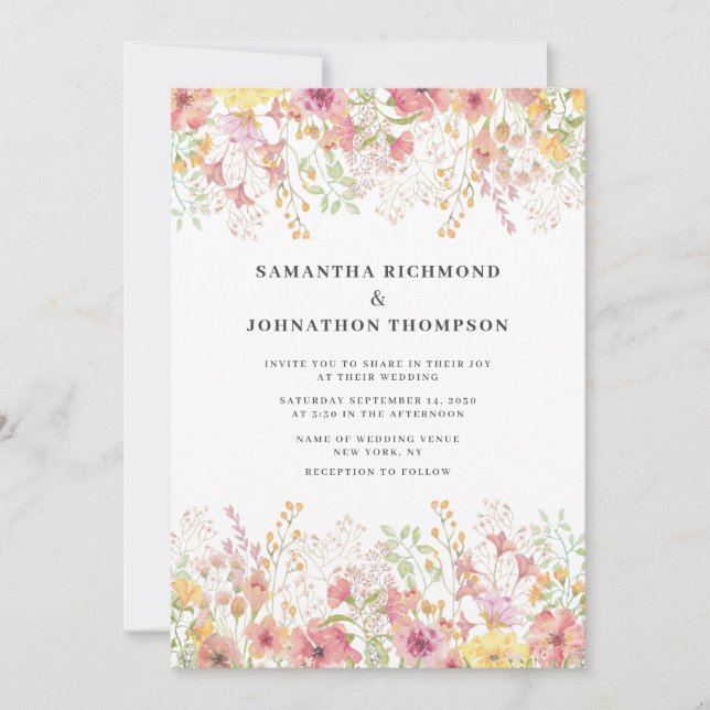 Convite Pink Wildflower Floral Watercolor Wedding (Frente)