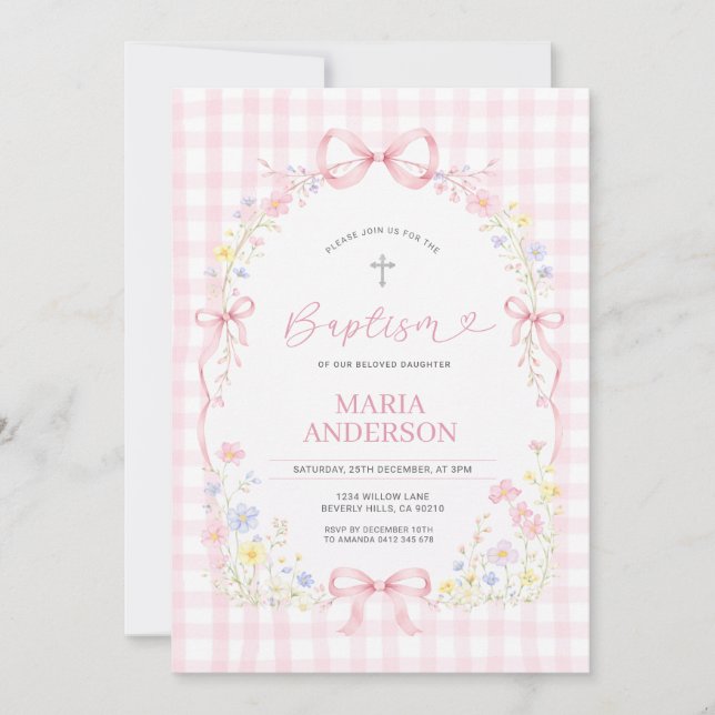 Convite Pink WILDFLOWER Gingham Floral Baptism Invitation (Frente)