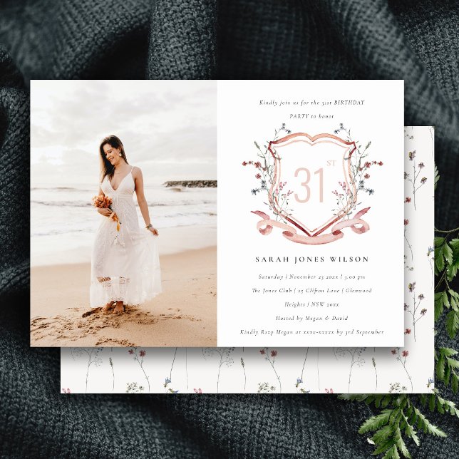 Convite Pink Wildflower Monograma Foto de Crest Aniversári (Criador carregado)