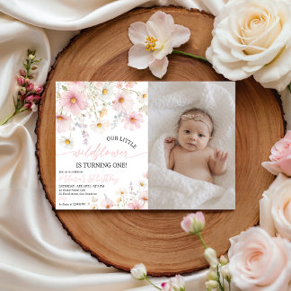 Convite Pink Wildflower Photo 1st Birthday Invite