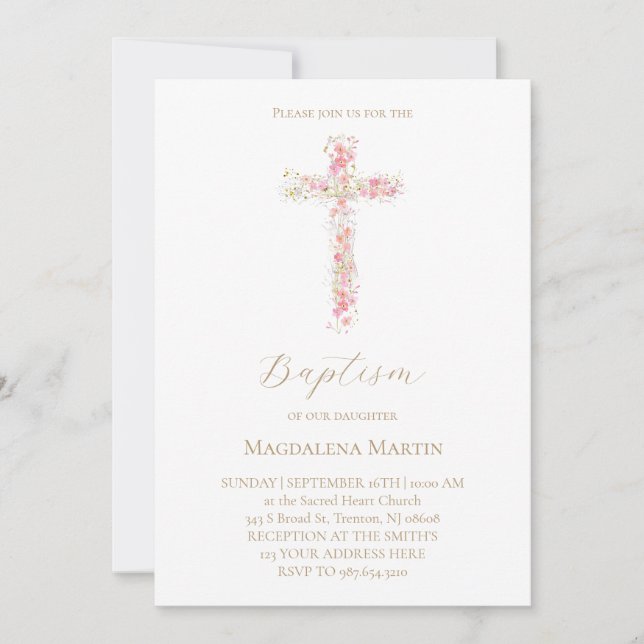 Convite pink wildflowers cross | Baptism Invitation (Frente)