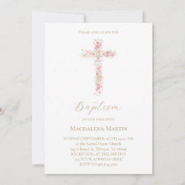 Convite pink wildflowers cross | Baptism Invitation