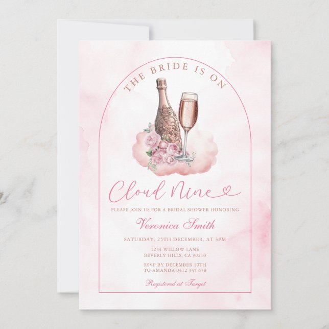 Convite Pink Wine The Bride is Cloud Nine Bridal Shower (Frente)