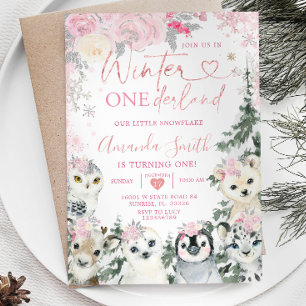 Convite Pink Winter Animal Onederland Snowflake Birthday