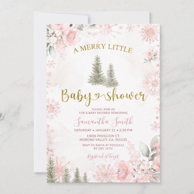 Convite Pink Winter Christmas A Merry Little Baby Shower (Frente)
