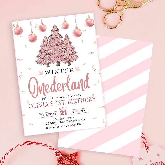 Convite Pink Winter Onederland Árvores de Natal Aniversári (Criador carregado)