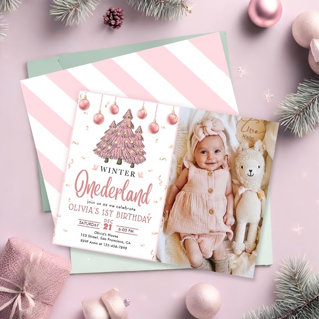 Convite Pink Winter Onederland Árvores de Natal Aniversári (Criador carregado)