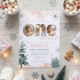 Convite Pink Winter Onederland Girl Bday Photo Invitation