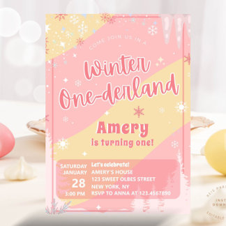Convite Pink Winter Onederland Silver Glitter 1st Birthday