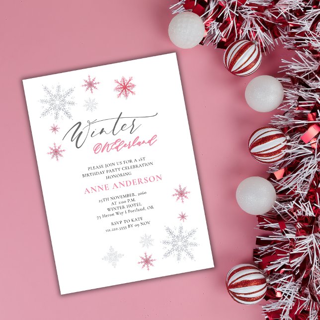 Convite Pink Winter Onederland Snowflakes 1st Birthday  (Criador carregado)