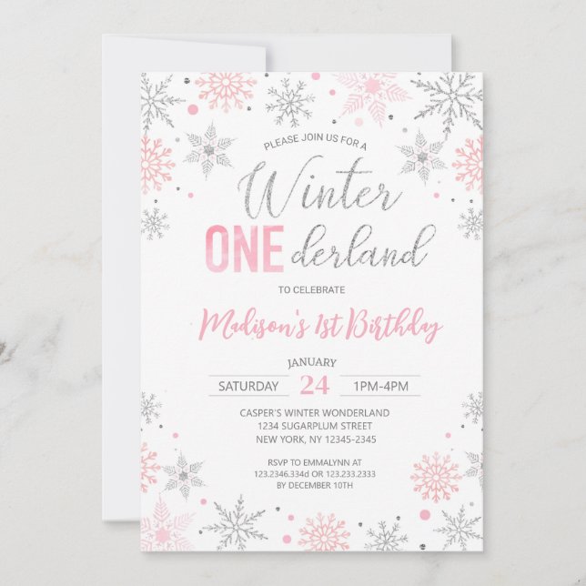 Convite Pink Winter Onederland Snowflakes Primeiro Anivers (Frente)