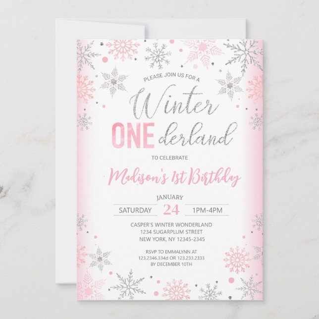Convite Pink Winter Onederland Snowflakes Primeiro Anivers (Frente)
