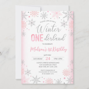 Convite Pink Winter Onederland Snowflakes Primeiro Anivers