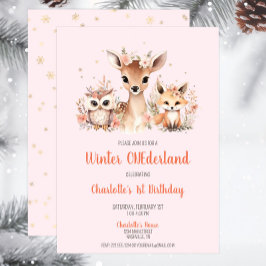 Convite Pink Winter Onederland Woodland Birday