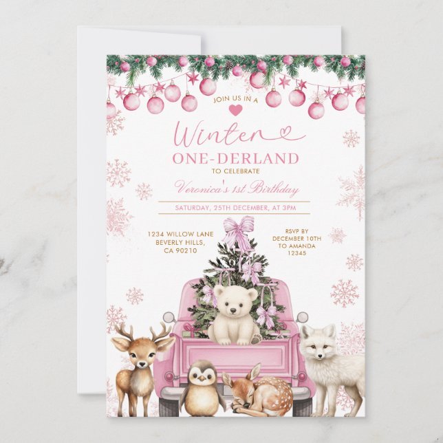Convite Pink Winter Truck Onederland 1st Birthday Animals (Frente)