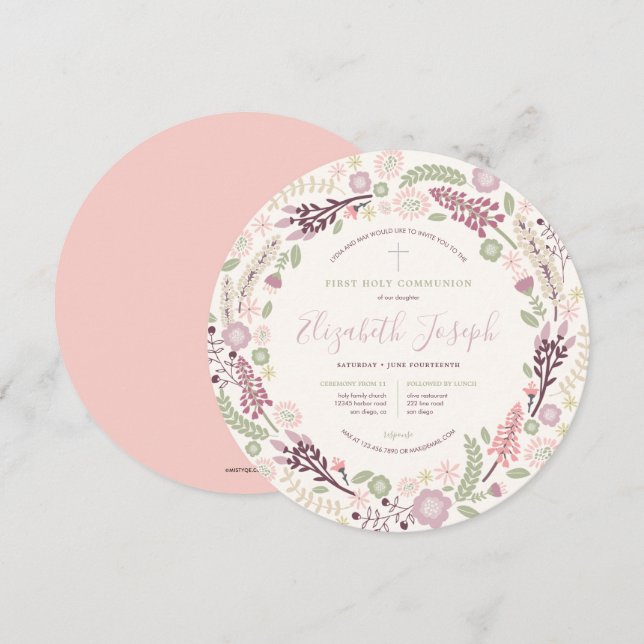 Convite Pink Wreath First Santa Comunhão (Frente/Verso)