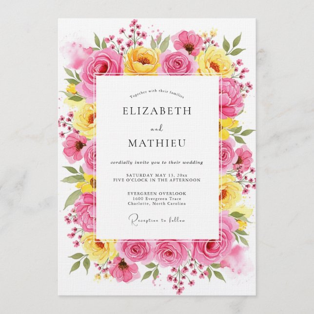 Convite Pink Yellow Floral Whimsy Wedding (Frente)
