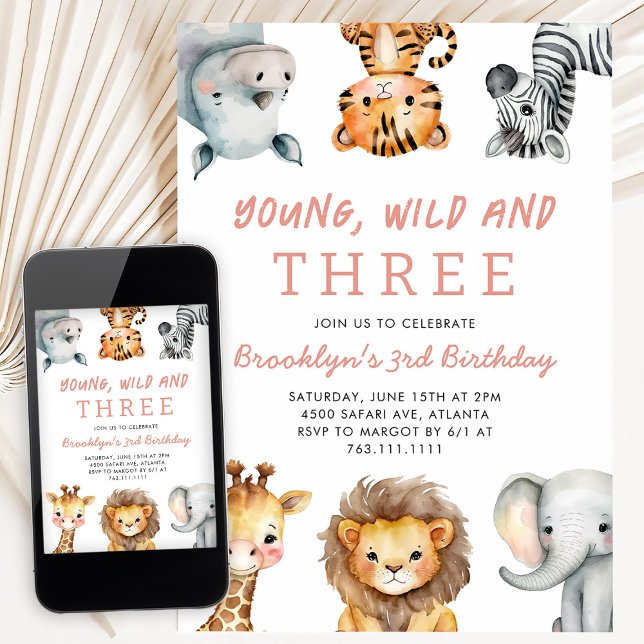 Convite Pink Young Wild and Three Safari Birthday Party (Criador carregado)