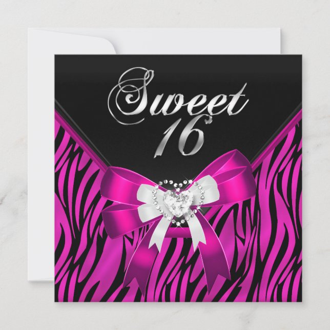 Convite Pink Zebra Preto Aniversário de Dezesseis Aniversá (Frente)