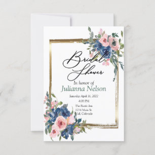 Convite Pinke e azul floral aquarela com moldura dourada i