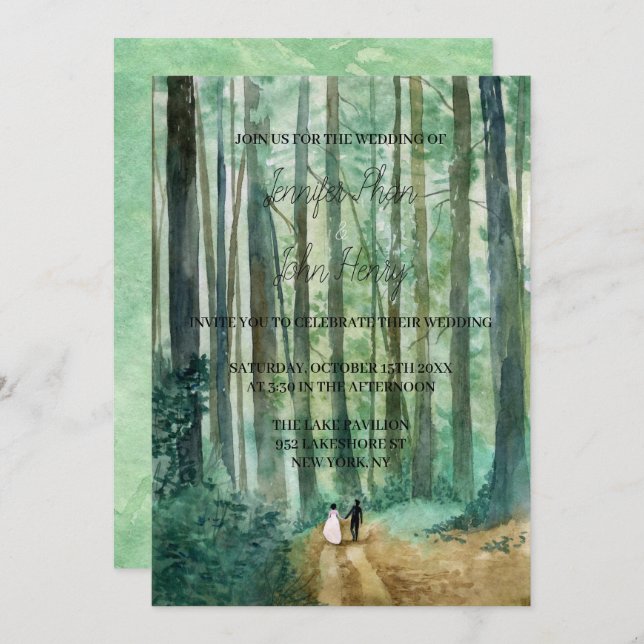 Convite Pintado manual da paisagem florestal com aquarela (Frente/Verso)