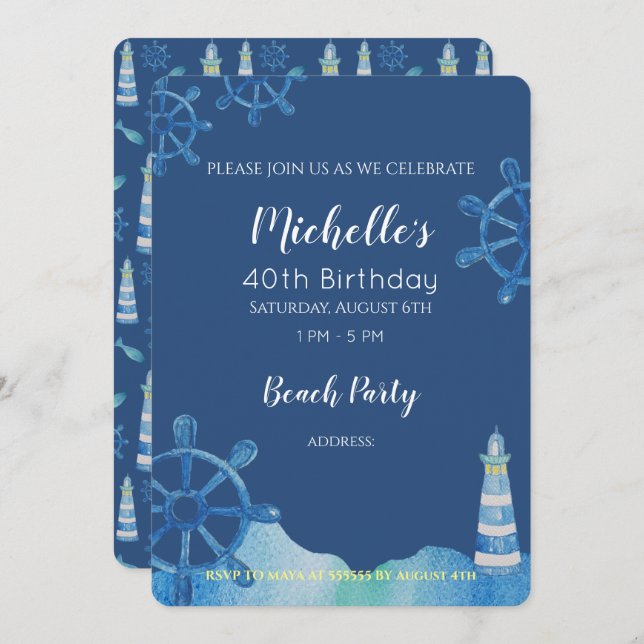 Convite Pintado Mão-de-Ferro-Aquarela Praia (Frente/Verso)