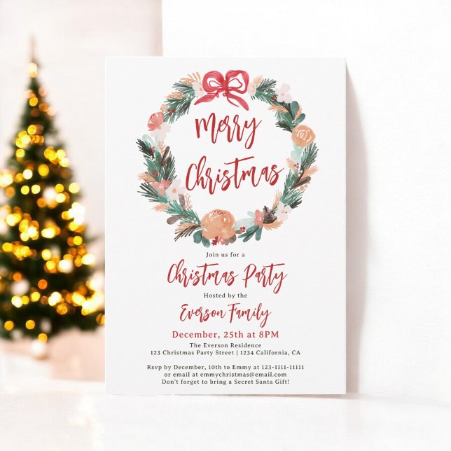 Convite Pintado Pintado Pintado com Aquarela Floral (Hand Painted Floral Watercolor Wreath Christmas Invitation)
