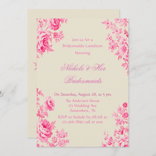 Convite Pintage Pink Toile Flower Bridesmaids Luncheids (Frente/Verso)