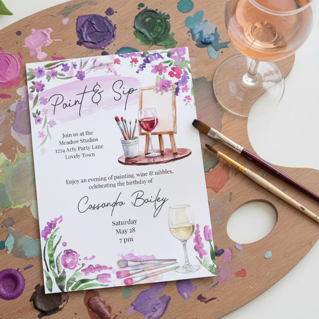 Convite Pinte e Beba Vinho e Cavalete de Arte Festa de Ani (Paint & Sip birthday party invitation - or edit for arty bridal shower, bachelorette event etc)