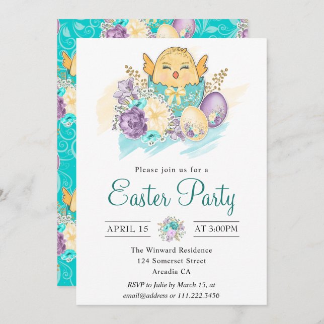 Convite Pintinho Floral de Cólvora em Festa de Páscoa de O (Frente/Verso)