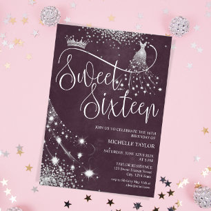 Convite Pintinho Moderno Burgundy Silver Glitter Sweet 16