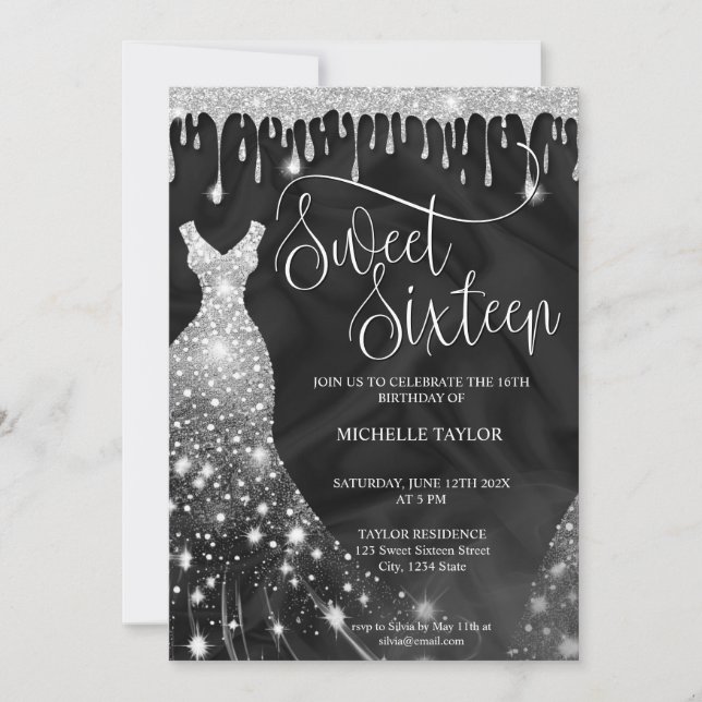 Convite Pintinho moderno - Glitter Silver Sweet 16 (Frente)