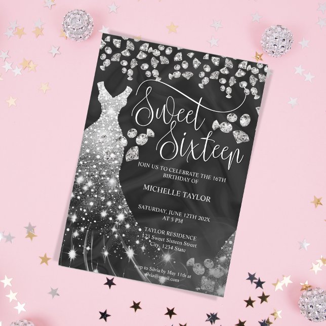 Convite Pintinho moderno - Glitter Silver Sweet 16 (silver glitter diamond dress birthday invitation
)