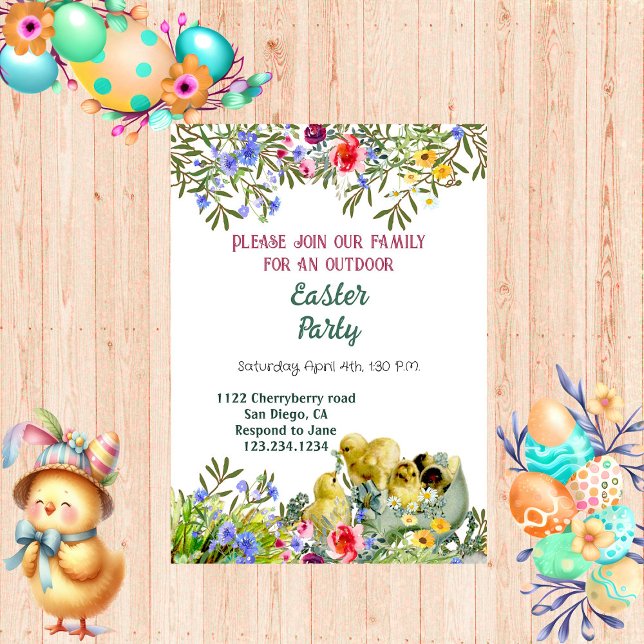 Convite Pintinhos de Veneração em Água Festa de Páscoa Flo (Watercolor Greenery Chicks Floral Easter Party Invitation)