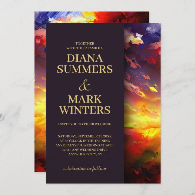 Convite pintura abstrato com um céu colorido. Casamento (Frente/Verso)