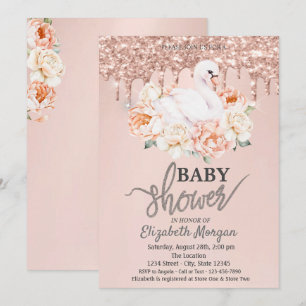 Convite Pintura aquarela Cisne Bebê Dourado Rosa Brilho Go