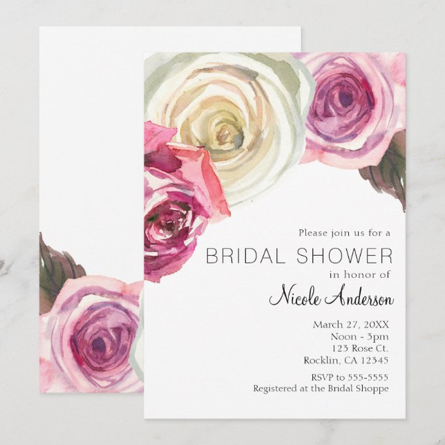 Convite Pintura aquarela Rosas Rosa & Branco Chá de Noiva  (Frente/Verso)