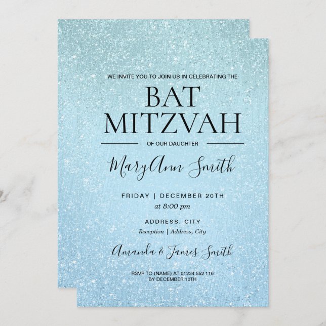 Convite Pintura azul moderna do brilho do falso de Mitzvah (Frente/Verso)