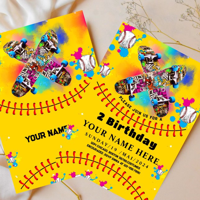 Convite Pintura de skateboard de beisebol colorida festa a (Criador carregado)