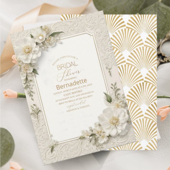 Convite Pintura em aquarela flores brancas 3D douradas  Ch (Criador carregado)