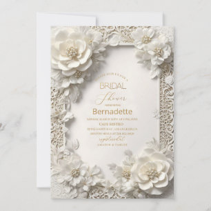Convite Pintura em aquarela flores brancas 3D dourado  Chá