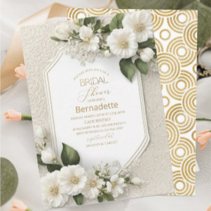 Convite Pintura em aquarela flores brancas 3D dourado  Chá