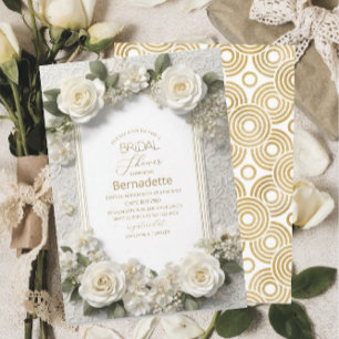 Convite Pintura em aquarela flores brancas 3D dourado  Chá