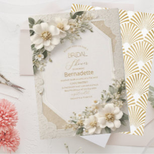 Convite Pintura em aquarela flores brancas 3D dourado  Chá