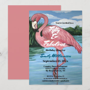 Convite Pintura Tropical Rosa Flamingo 50º Aniversário