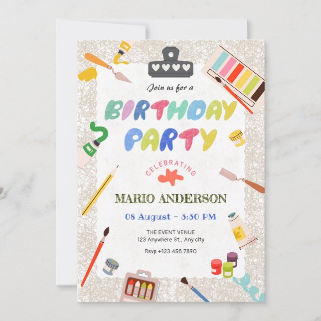Convite Pinturas coloridas, ferramentas de arte, aniversár (Frente)
