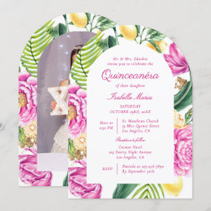 Convite Pionias Florais em Aquarela Quinceañera Foto Perso