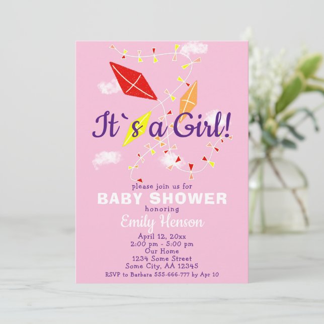 Convite Pipas no Céu Rosa É um Chuveiro de Bebê Menina (Em pé/Frente)